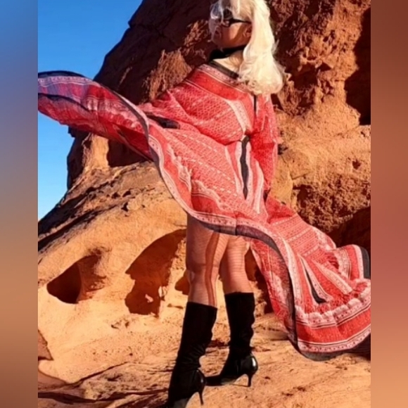 RESORT WEAR Designer Maxi Dress Silk Cruise Tropical Red Maxi Dress - Picture 6 of 11